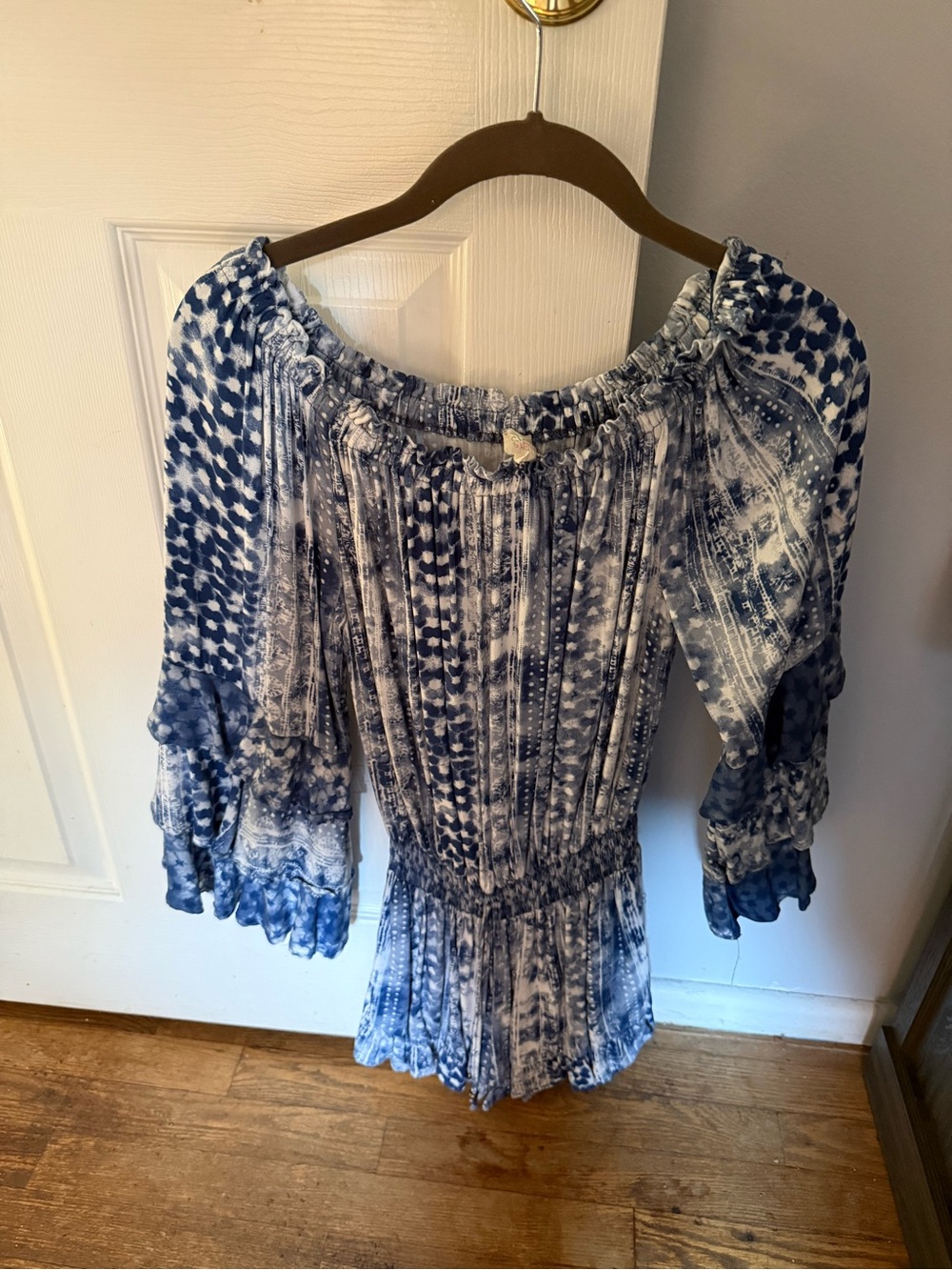 Blue Tie-Dye Off-Shoulder Peasant Romper